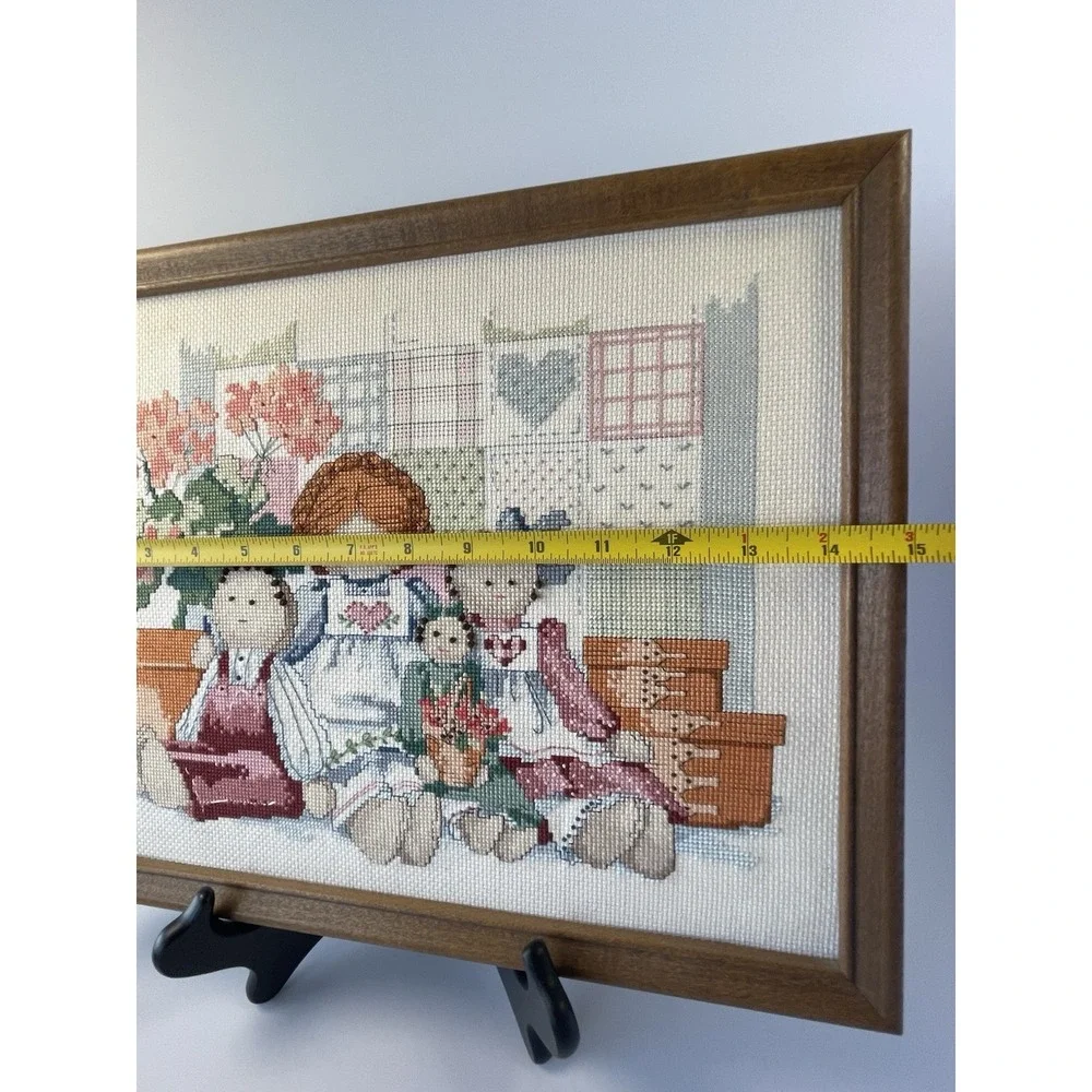 Vintage Needlepoint Handmade Wall Art Wood Frame Mother & Daughters Dolls 15x12